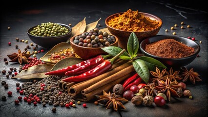 Aromatic Spice Medley A Culinary Symphony of Cinnamon Sticks, Star Anise, Chili Peppers, Bay Leaves, and Peppercorns