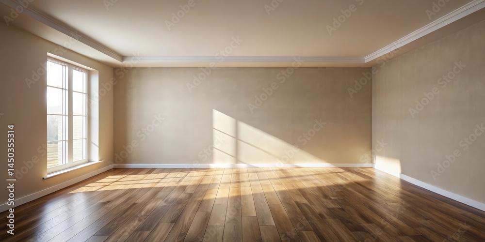 Fototapete Sunlight streams through a window, illuminating the warm wooden floor of an empty room, creating a serene and inviting ambiance.