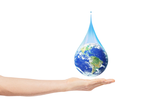 Drop Earth on man hand isolate on transparent background. Environmental protection concept. Elements of this image furnished by NASA.