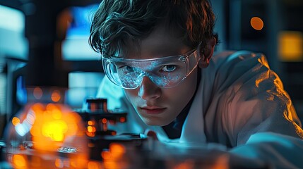 Concentrated young scientist intently observing laboratory equipment.
