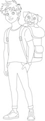 Smiling boy with a puppy in his backpack, Black and white line art, for coloring books, children's activities, educational materials, pet travel guides, camping manuals, printable worksheets.