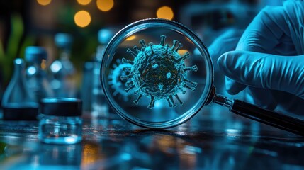 Close-up view of a magnified virus sample in a laboratory setting.
