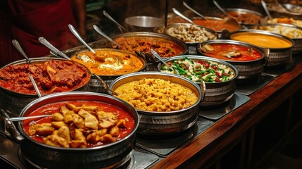Delicious curries and stews buffet warm lighting culinary photography
