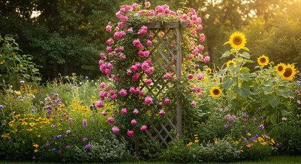 Naklejka premium Abundant Blooms Enveloping A Trellis, Amidst A Diverse Summer Garden