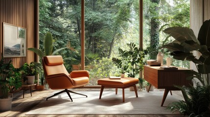 Fototapeta premium Serene Mid-Century Modern Living Room with Lush Greenery