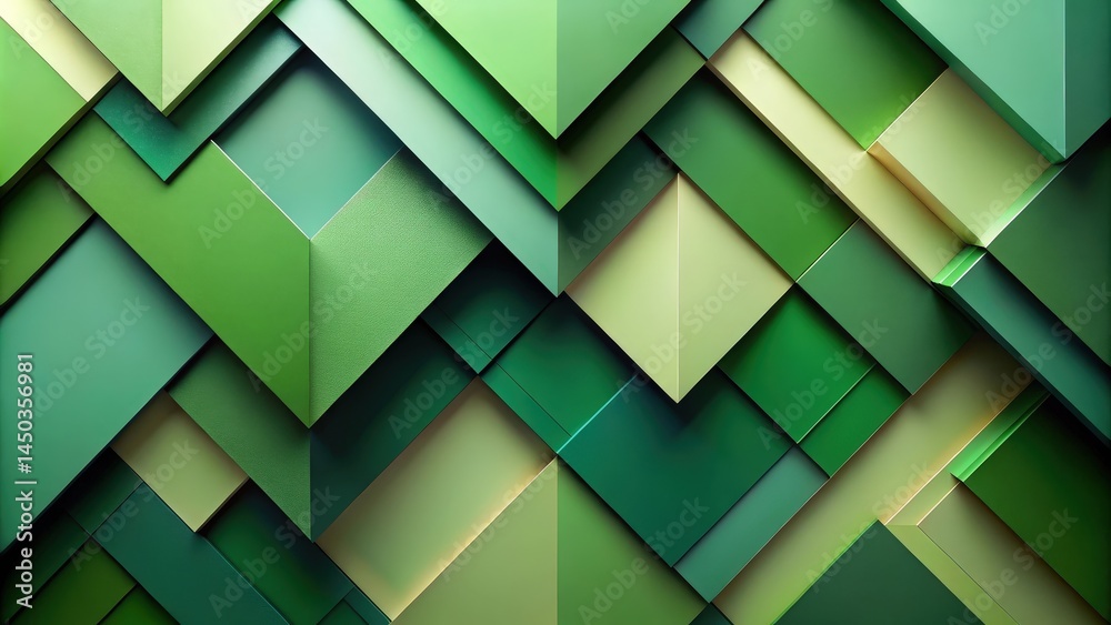 Poster Geometric Abstract Pattern with Green and Yellow Hues, Interlocking Shapes Create a Dynamic Visual Composition