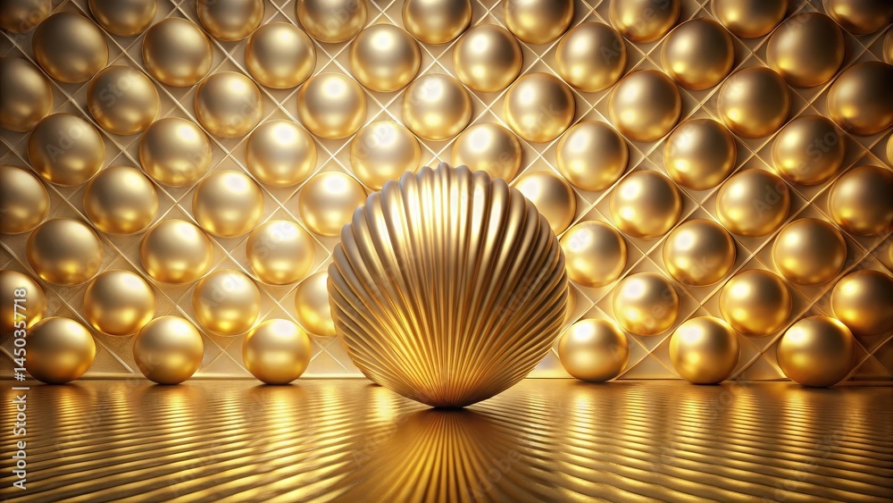 Poster a single, textured, golden sphere resting on a shiny, undulating surface, against a backdrop of a go