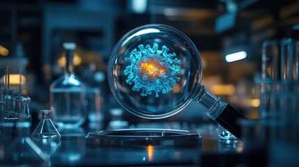 Magnified virus microbe under laboratory research.