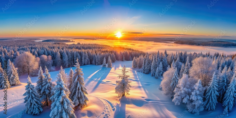 Poster sunrise casts golden light on a snow-covered forest, illuminating the frozen branches and creating a