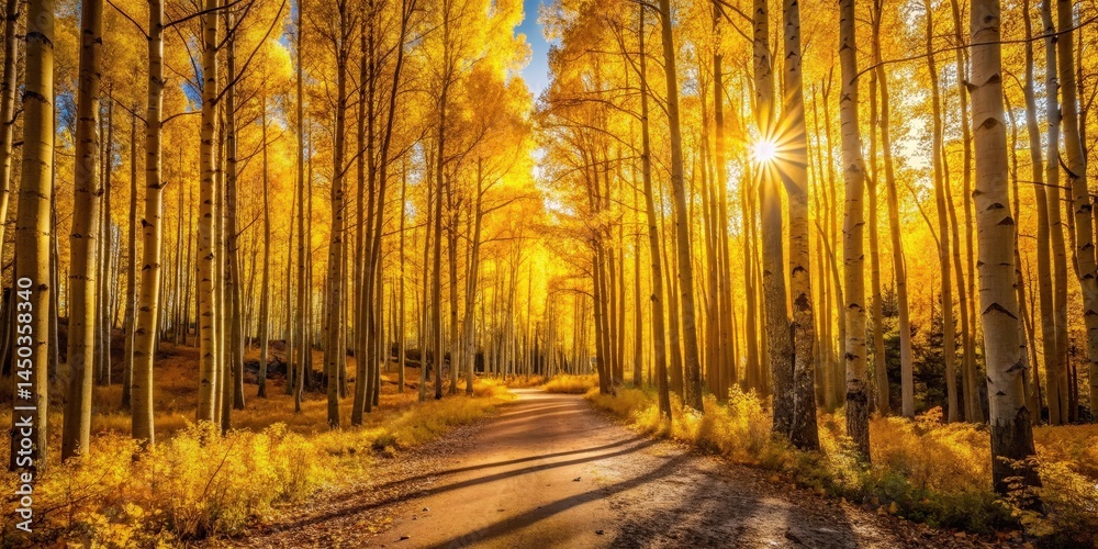 Poster a sunlit path meanders through a golden forest, the sun's rays piercing through the dense canopy of 