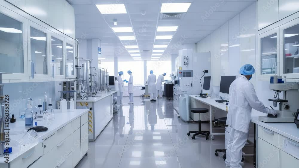 Aufkleber a group of scientists in white lab coats and head coverings working in a bright, clean laboratory wi