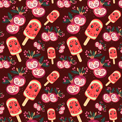 Seamless pattern with cute watermelon popsicles and juicy pomegranates on dark red background