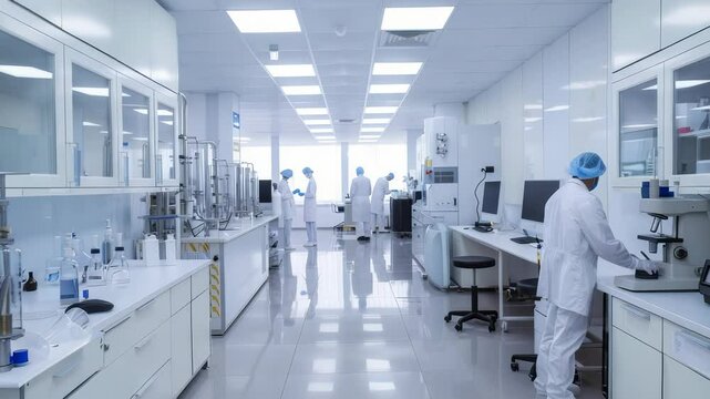 A group of scientists in white lab coats and head coverings working in a bright, clean laboratory with white equipment. Scientists are working on research in this spacious laboratory setting.