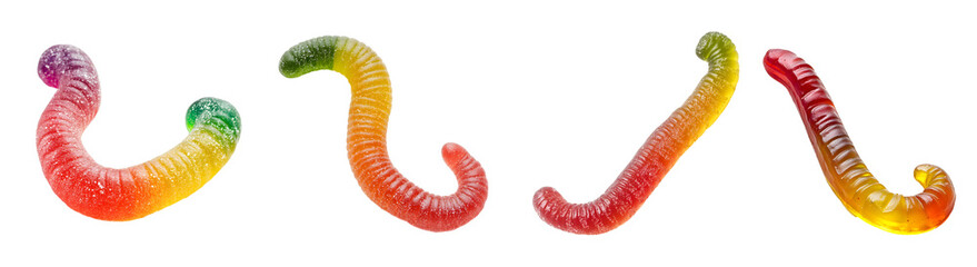 Colorful Gummy Worms Candy Isolated on White Background - Cut Out Jelly Worms PNG for Kids Party and Snack Design