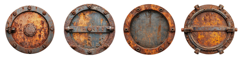 Fototapeta premium Vintage metal shields or hatch covers with rusty, industrial texture