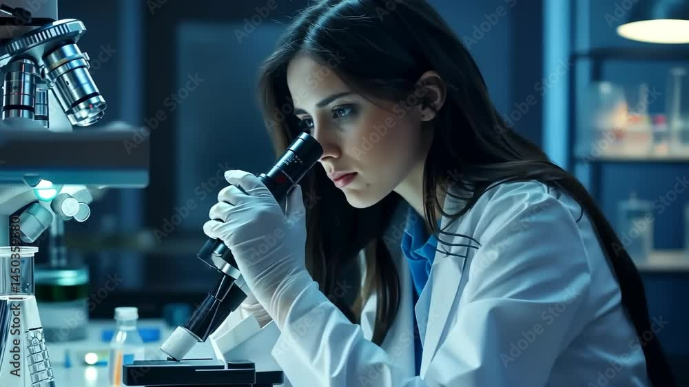 Aufkleber A scientist in a laboratory setting is analyzing samples using a microscope. She is wearing protective gloves and a lab coat, focused on her research and development work, exploring potential