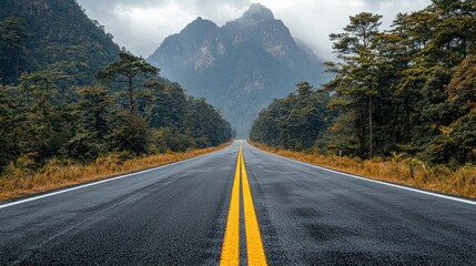Naklejka premium Long road leads to mountains through a lush forest