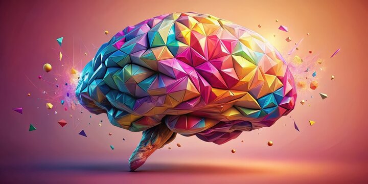 A vibrant geometric brain exploding with color and light, symbolizing creative energy and thought processes