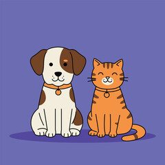  Playful dog and cat duo sitting together in a cheerful flat design style vector art