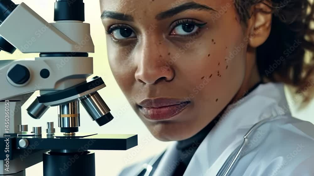 Poster a poised woman in a lab coat stands next to a microscope. the scene captures a moment in scientific 