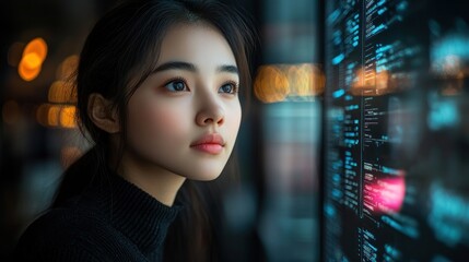Asian Woman Engrossed in Complex Data Display, Illuminated by City Lights