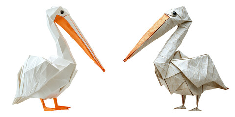 Origami pelicans in white and beige paper style isolated on white PNG image perfect for coastal wildlife illustrations or educational bird visuals