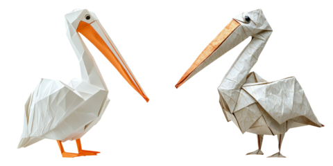 Origami pelicans in white and beige paper style isolated on white PNG image perfect for coastal wildlife illustrations or educational bird visuals