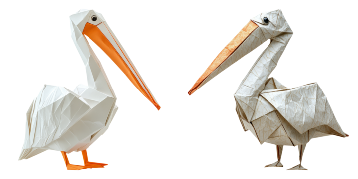 Origami pelicans in white and beige paper style isolated on white PNG image perfect for coastal wildlife illustrations or educational bird visuals