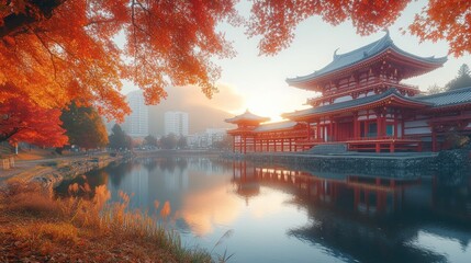 Obraz premium Autumnal Japanese temple by a serene lake, vibrant foliage reflecting in the water