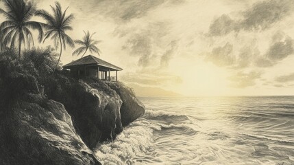 Coastal hut perched on a rocky cliff at dawn.