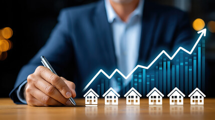 Businessman in suit writing on desk with rising graph and house icons symbolizing real estate growth and investment success