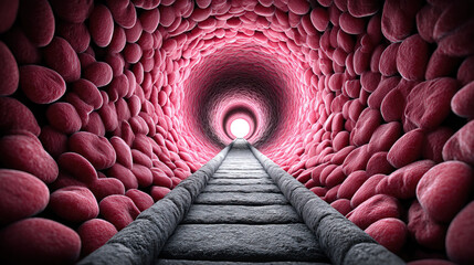 Narrowed passage inside artery with textured red blood cells and smooth gray pathway leading to bright light