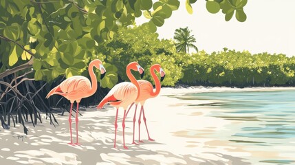 Tropical beach scene with three pink flamingos.