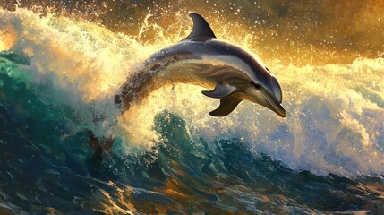 Majestic dolphin leaping through golden ocean waves.