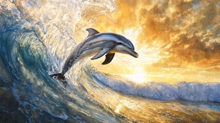 Majestic dolphins leap through golden sunset waves.