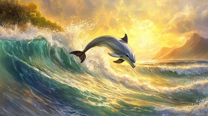 A majestic dolphin leaping over a vibrant ocean wave at golden sunset.
