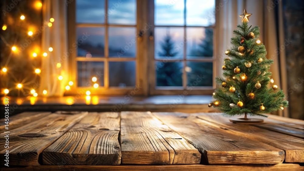 Poster a rustic wooden table with a christmas tree and blurred twinkling lights in the background, perfect 