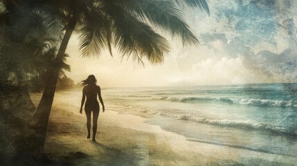 Silhouette of a woman walking on a tropical beach at sunrise.