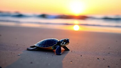 Baby turtle exploring sandy beach at sunset  