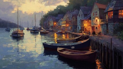 Serene harbor scene at twilight, painted in soft hues.