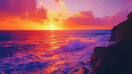 Vibrant sunset over the ocean's edge.