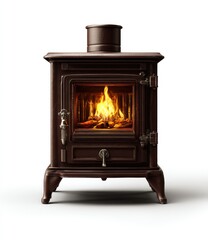 Dark brown wood-burning stove, flames burning brightly in the hearth.  Detailed metal construction with a circular top and ornate feet