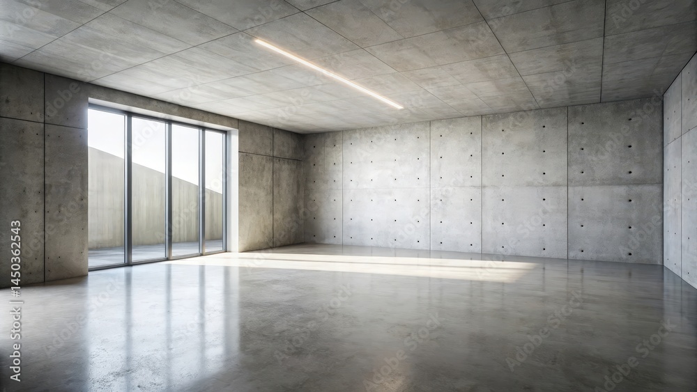 Aufkleber A spacious minimalist room with a single window and concrete walls and floor. The ceiling features a single strip of light, casting a subtle glow on the polished concrete floor.