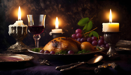 Obraz premium A table with a large duck, grapes, and candles.