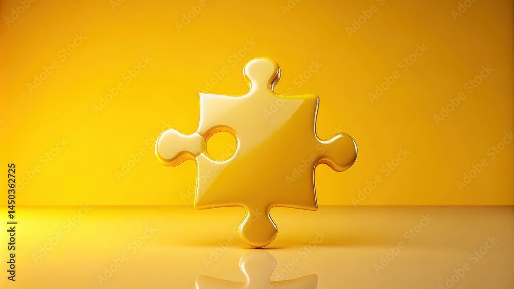 Poster a single golden puzzle piece sits on a yellow surface, reflecting the light and highlighting its sha