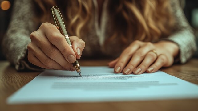 Woman finalizes agreement by signing document with elegance and sophistication