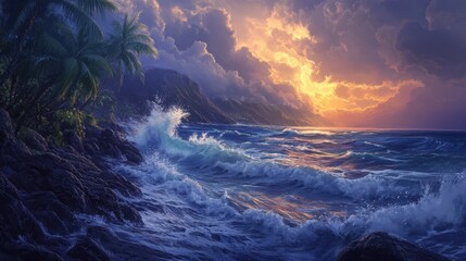 Dramatic sunset over a turbulent coastal landscape.