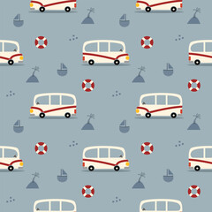 Naklejka premium Van white cartoon so cute. On tree sailboat rubber ring background. Pattern seamless vector illustration. 