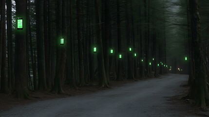 forest path where each tree displays floating notifications and wellness metrics