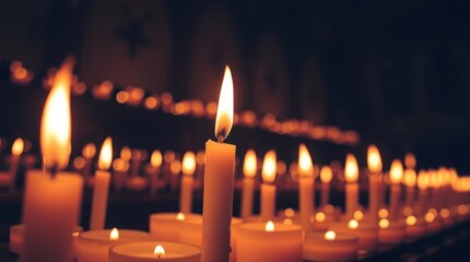 A single candle flame glows brightly amidst numerous others, creating a warm, peaceful ambiance in a dimly lit space